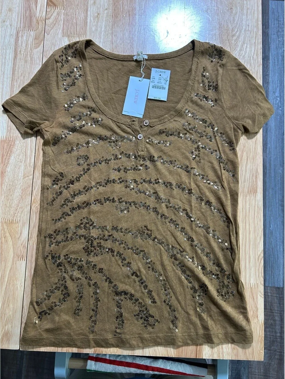 J.Crew Women's Brown Sequin Embellished Short Sleeve Top XS